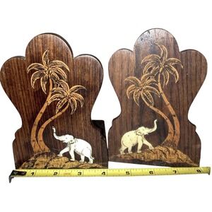 Teak Asian Elephant Tree Wood Folding Bookends Set Hand Inlaid